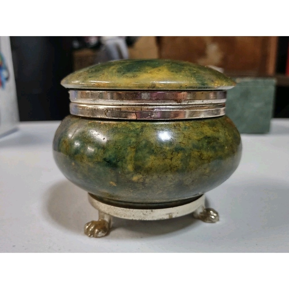 Vintage Green Alabaster & Gold Trinket Box Made it Italy Claw Footed Stand W Lid